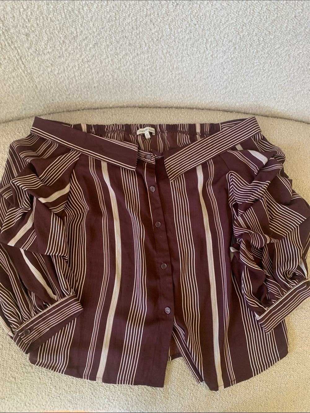 Charlotte Russe Striped Off-Shoulder Button Front Top in Burgundy and Cream